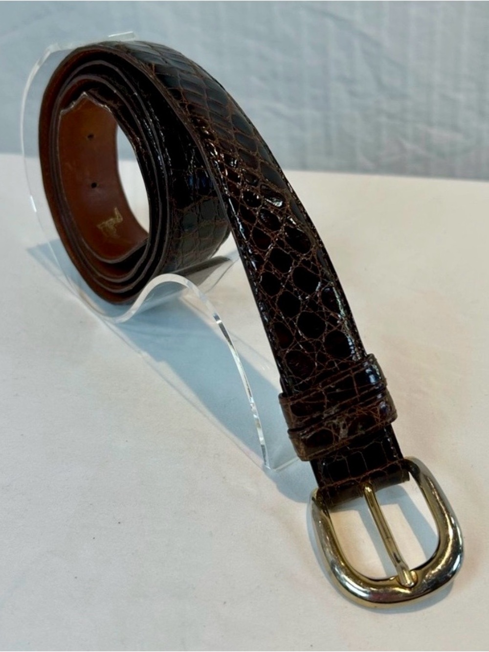 Dark Chocolate Brown Alligator Skin Belt Sz 44 Round Square Buckle exchangeable